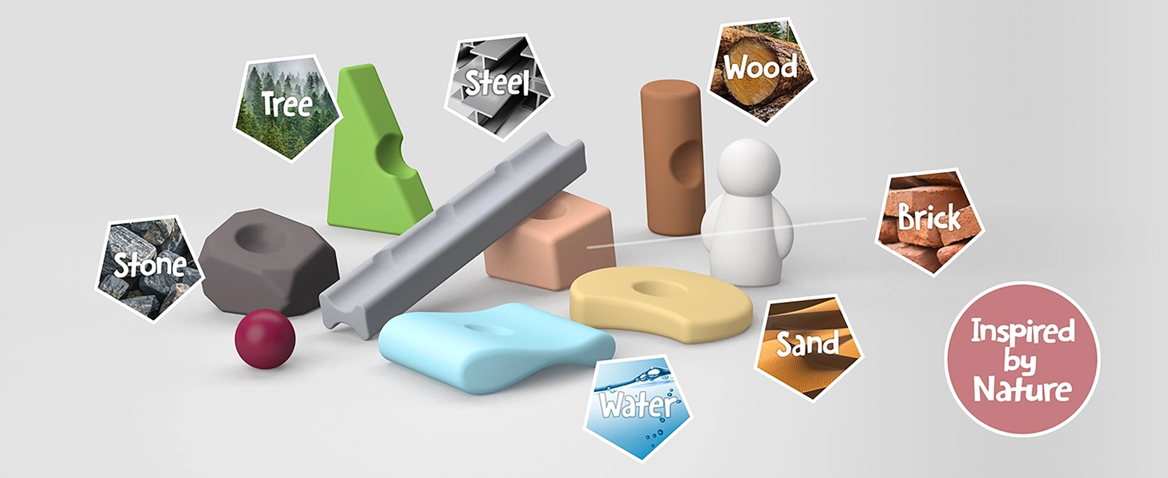 ชิ้นส่วน Resources® ของเล่นตัวต่อปลายเปิดที่ได้แรงบันดาลใจจากทรัพยากรธรรมชาติ เช่น หิน ไม้ ทราย เหล็ก อิฐ ต้นไม้ และน้ำ