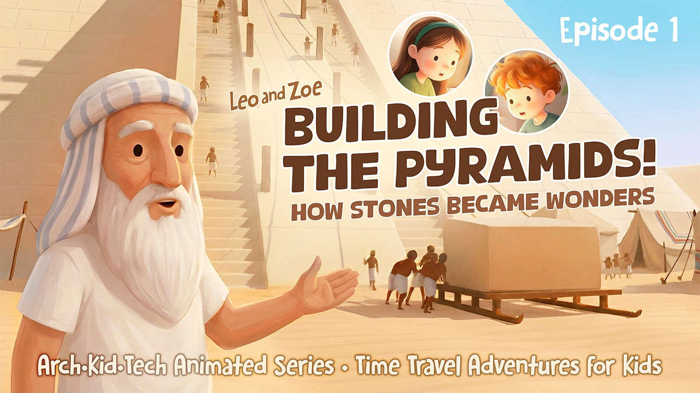 Arch-Kid-Tech® animated series Episode 1 where Leo and Zoe travel to ancient Egypt and explore how pyramids are built through materials, movement, and collective effort.